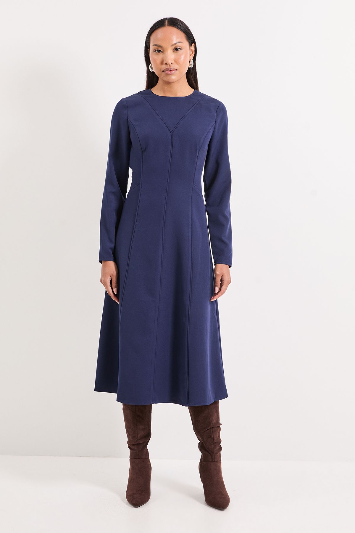 Principles Contrast Seam Detail Fit & Flare Crepe Midi Dress Navy