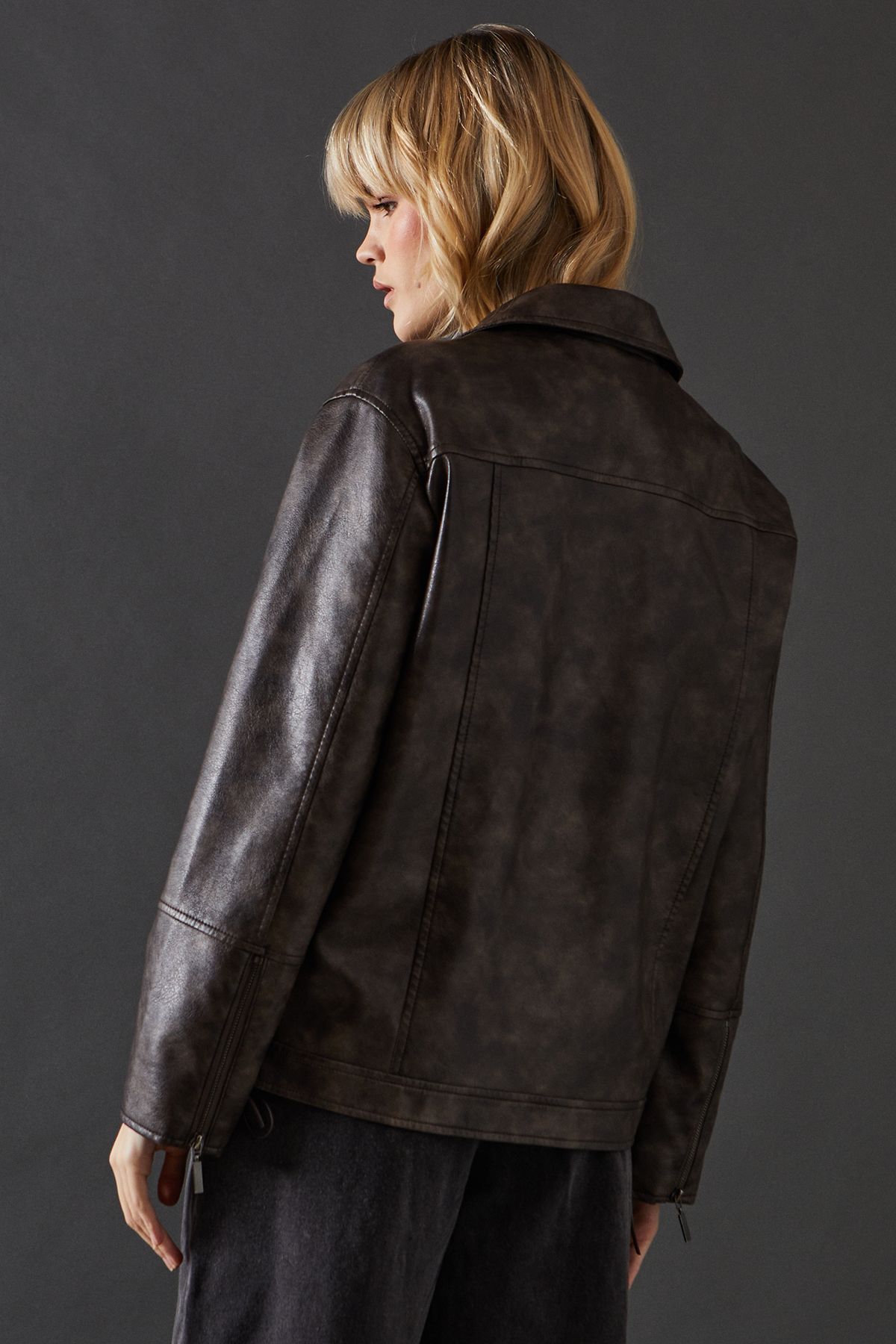 Warehouse Whipstitch Faux Leather Zip Through Jacket Dark Grey image 3