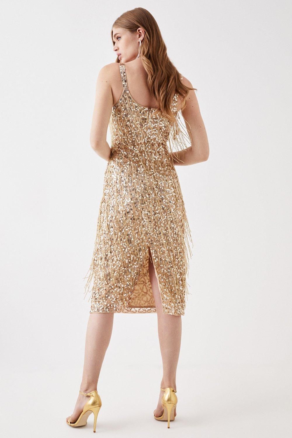 Coast Sequin & Bead Midi Cami Dress Gold image 3
