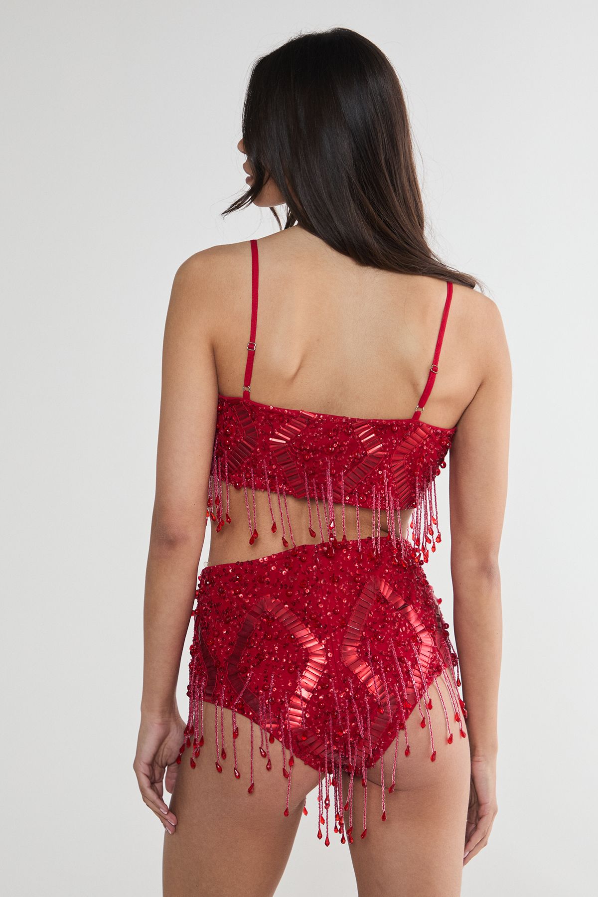 NastyGal Diamante Embellished Tassel Beaded Booty Shorts Red image 5