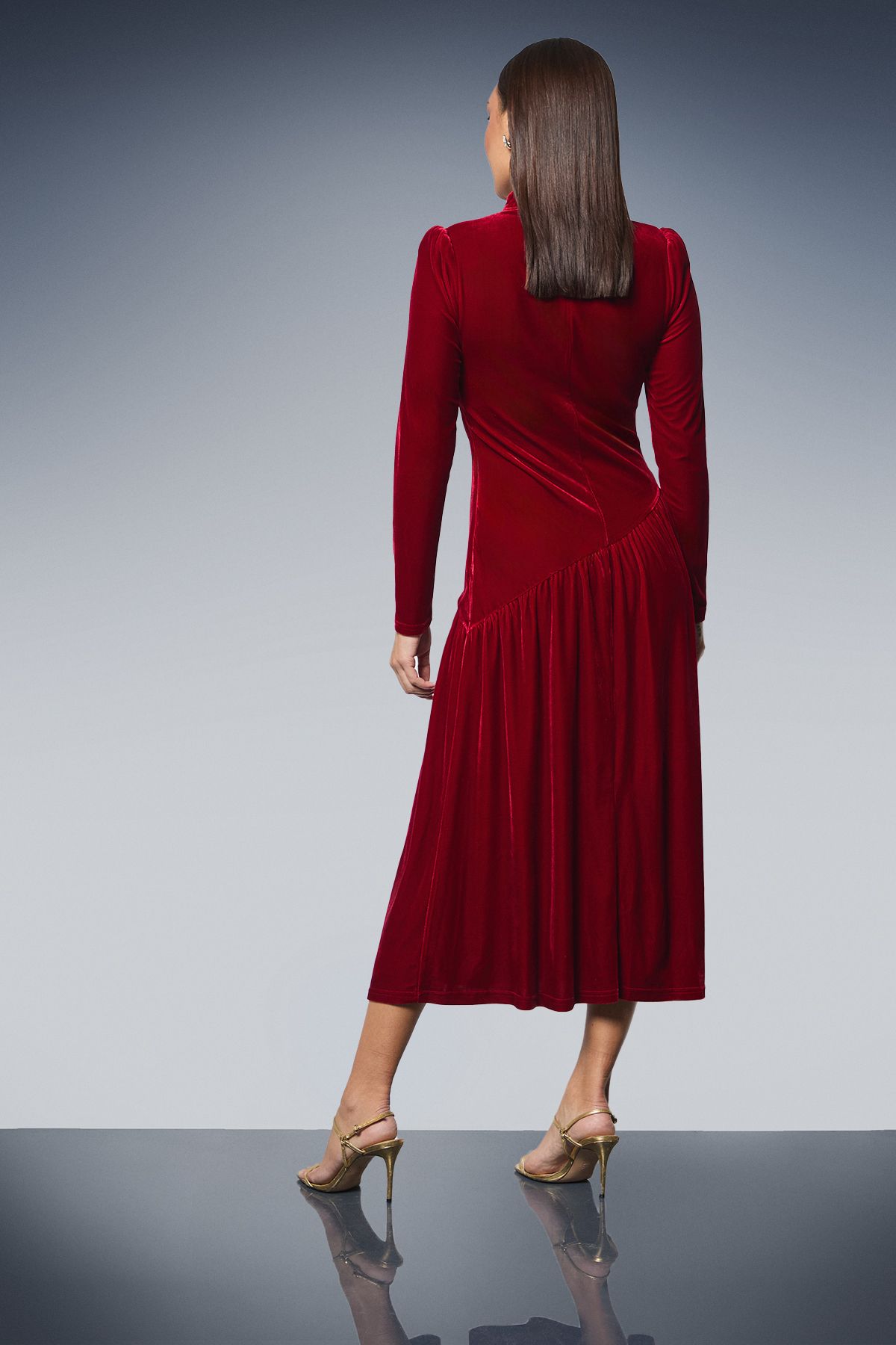 Principles High Neck Twist Keyhole Detail Velvet Midaxi Dress Olive image 3