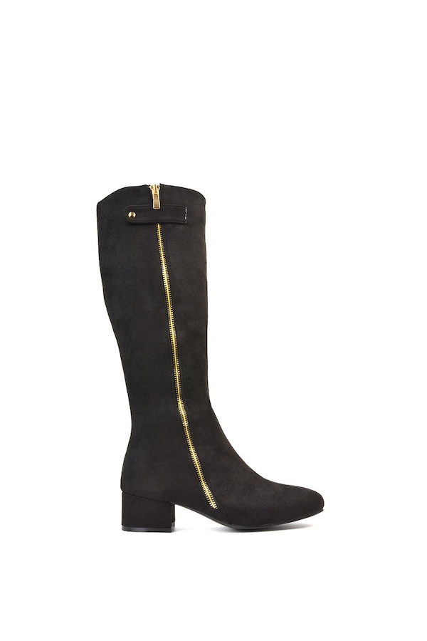 XY London 'Darcy' Low Block Heel Knee High Long Boots With Decorative Zip