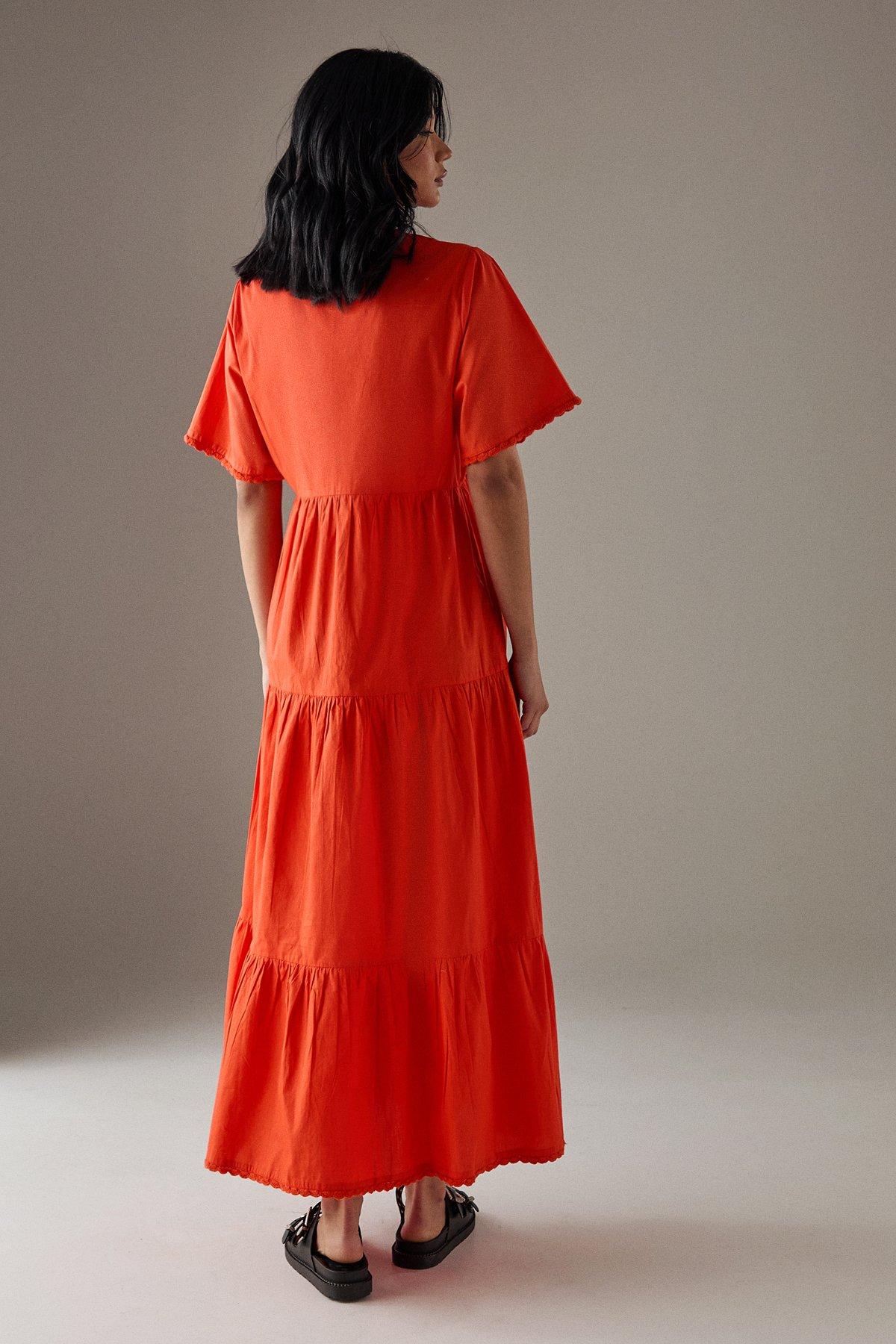 Warehouse Poplin Whipstitch Trim Midi Smock Dress Red image 3