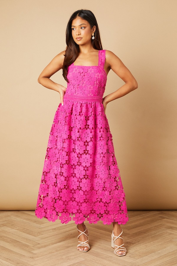 Oasis Petite Floral Lace Detail Square Neck Midi Dress Ballerina Pink