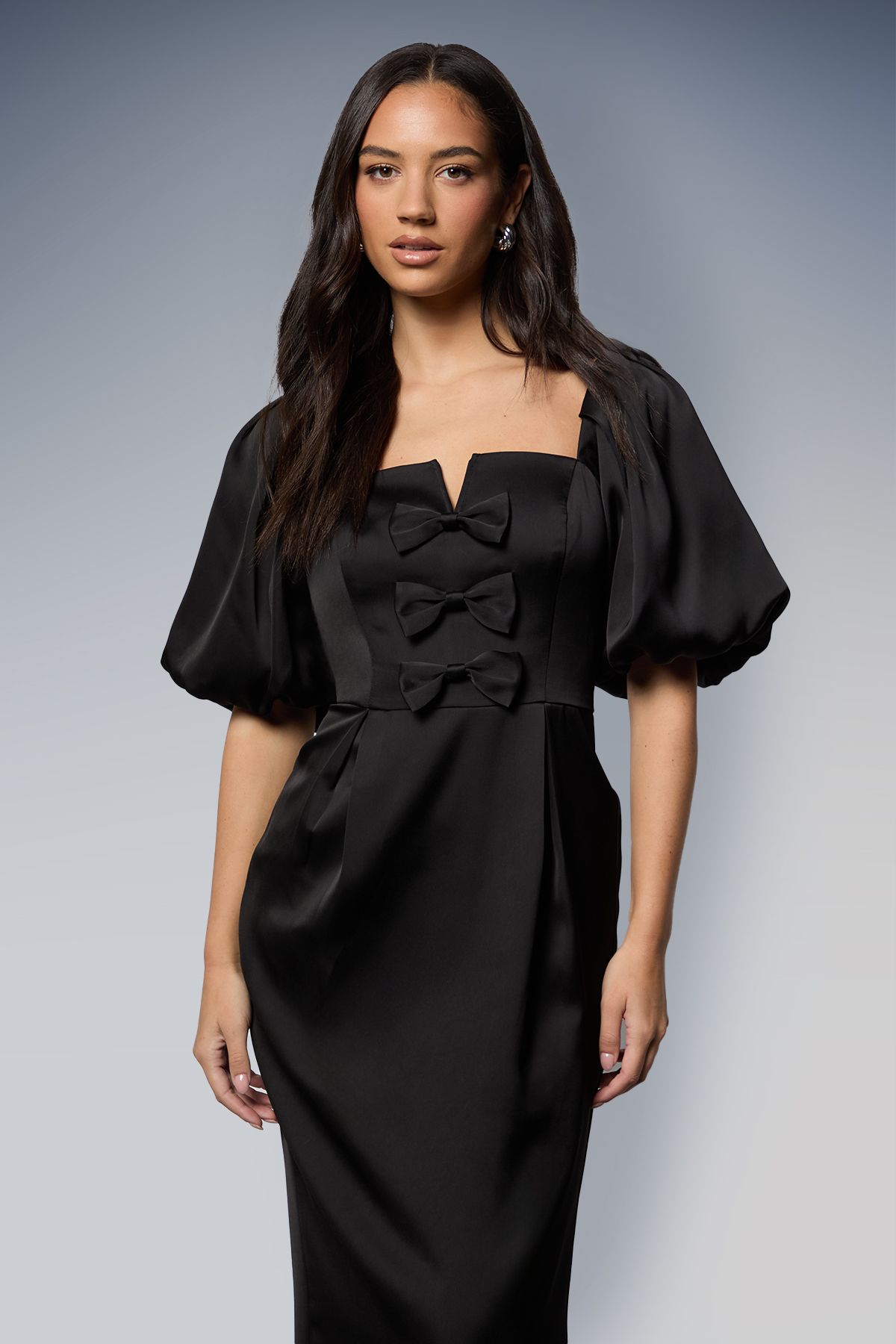 Oasis Satin Bow Front Puff Sleeve Midi Dress Black image 2