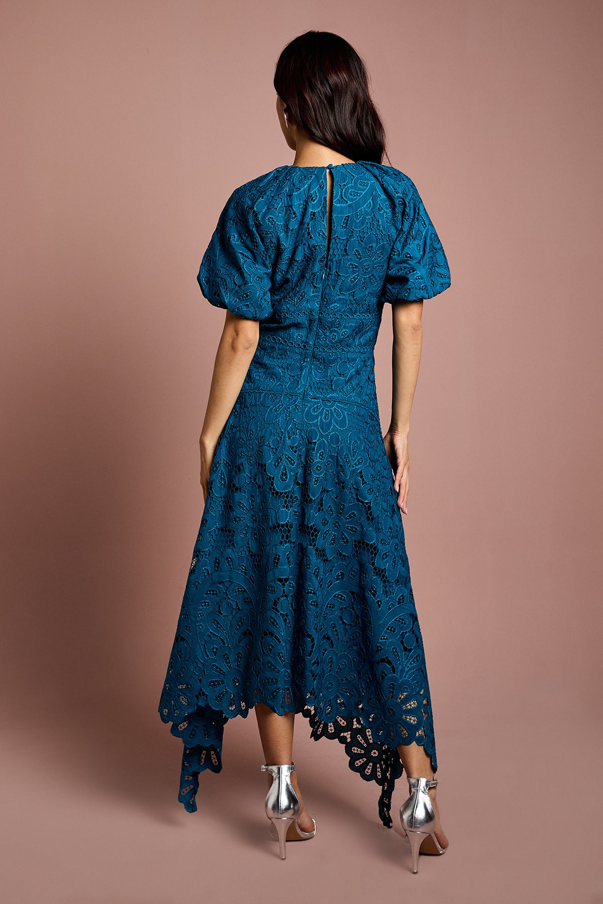 Coast Lace Hanky Hem Puff Sleeve Dress Teal image 3