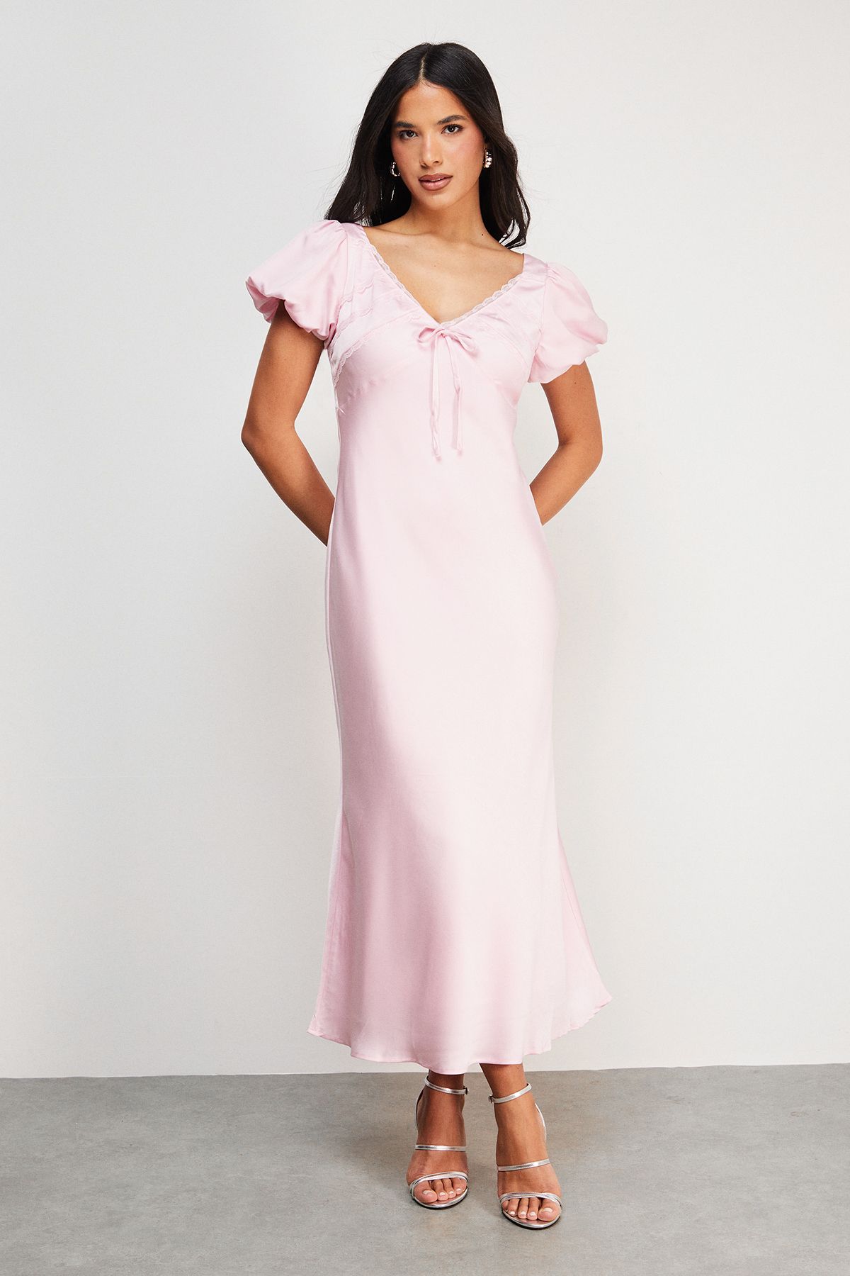 Warehouse Satin Lace Insert Puff Sleeve Midi Tea Dress Pale Pink image 1