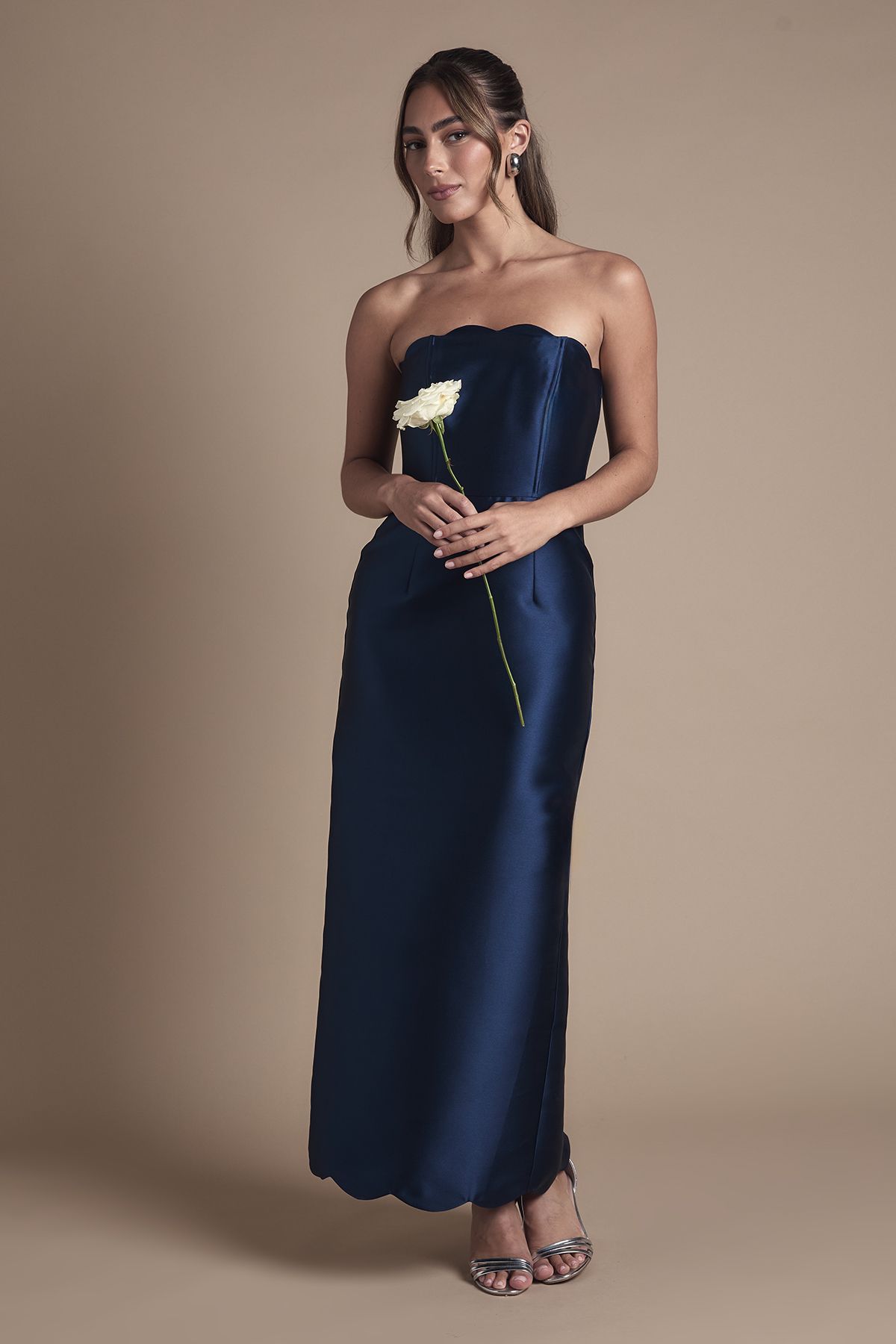 Coast Scallop Detail Twill Column Bridesmaid Dress Navy