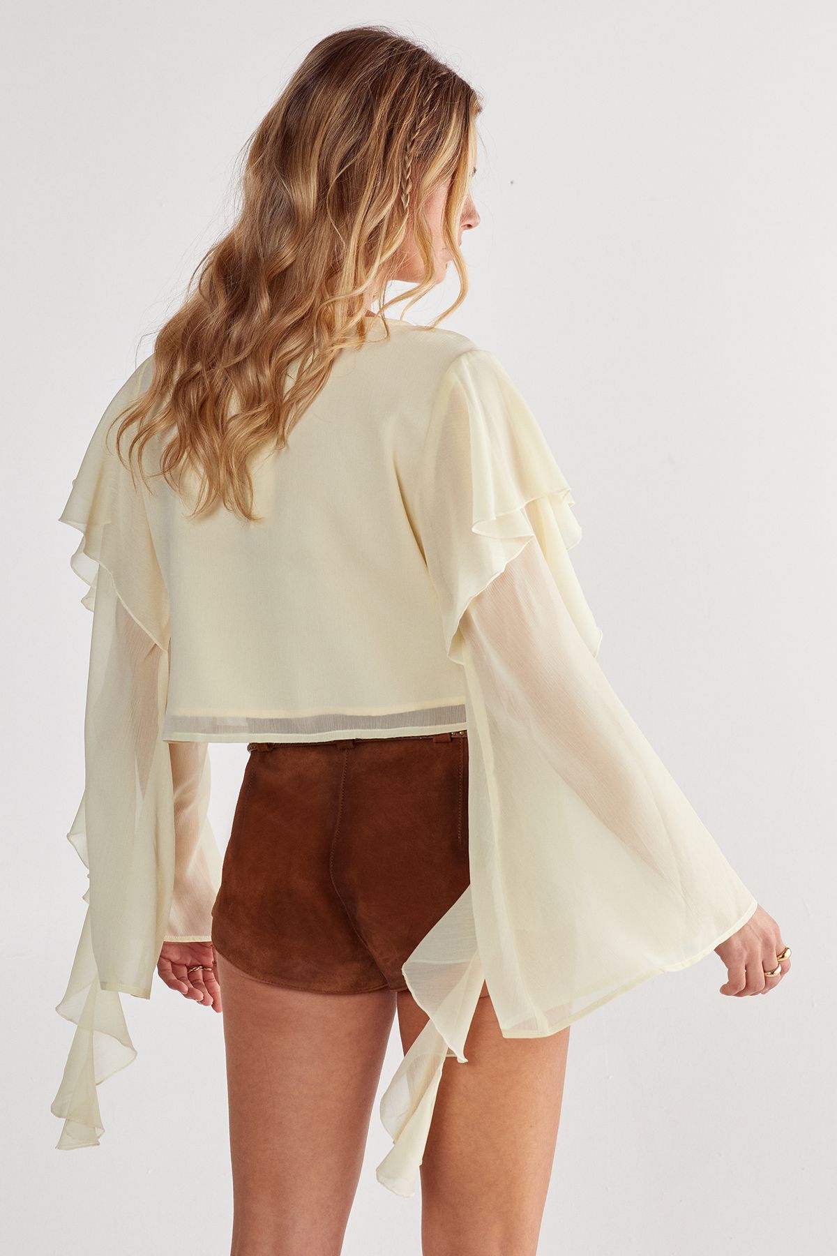 NastyGal Chiffon Ruffle Sleeve Tie Front Top Lemon image 4