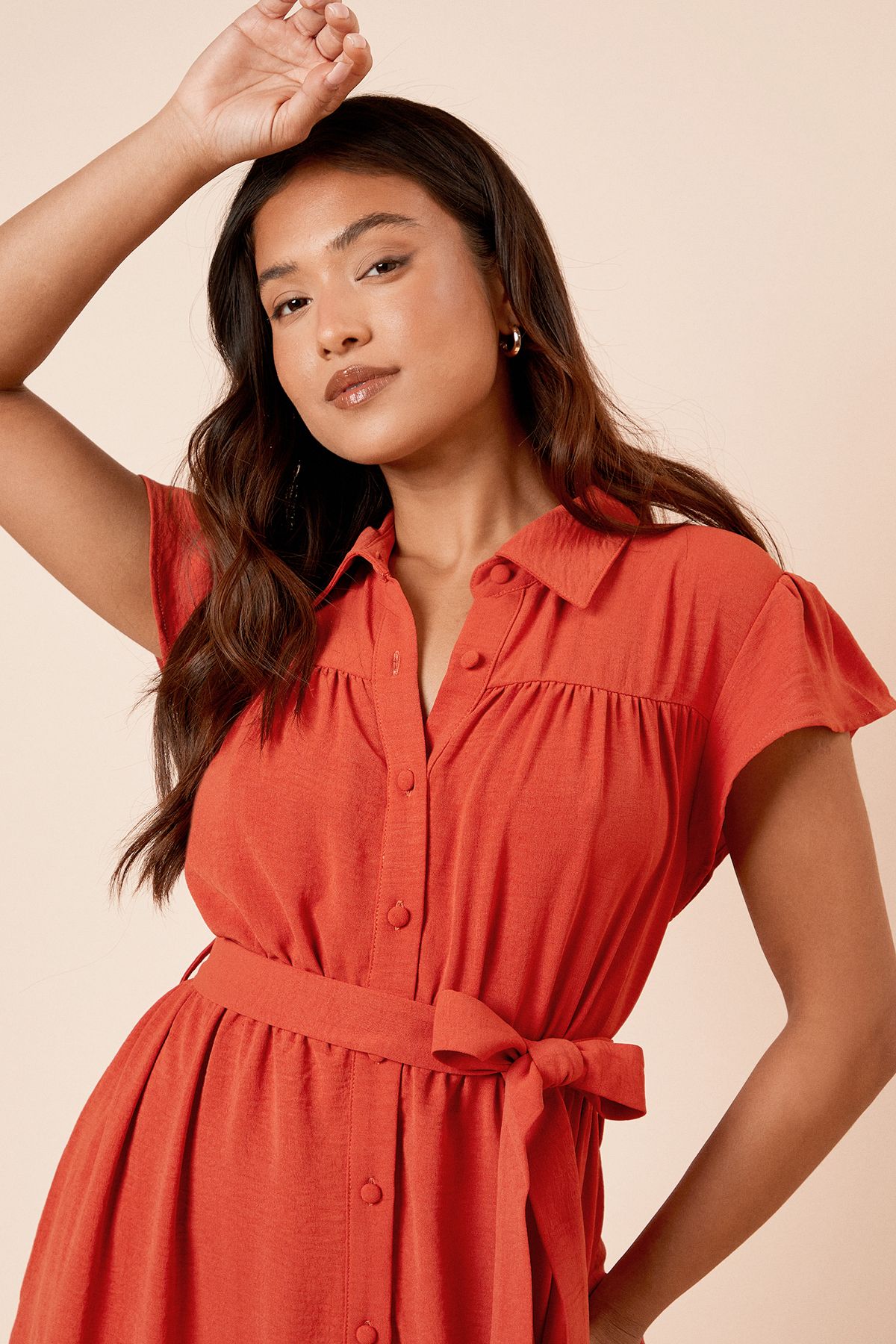 Dorothy Perkins Petite Frill Sleeve Belted Midi Shirt Dress Orange image 5