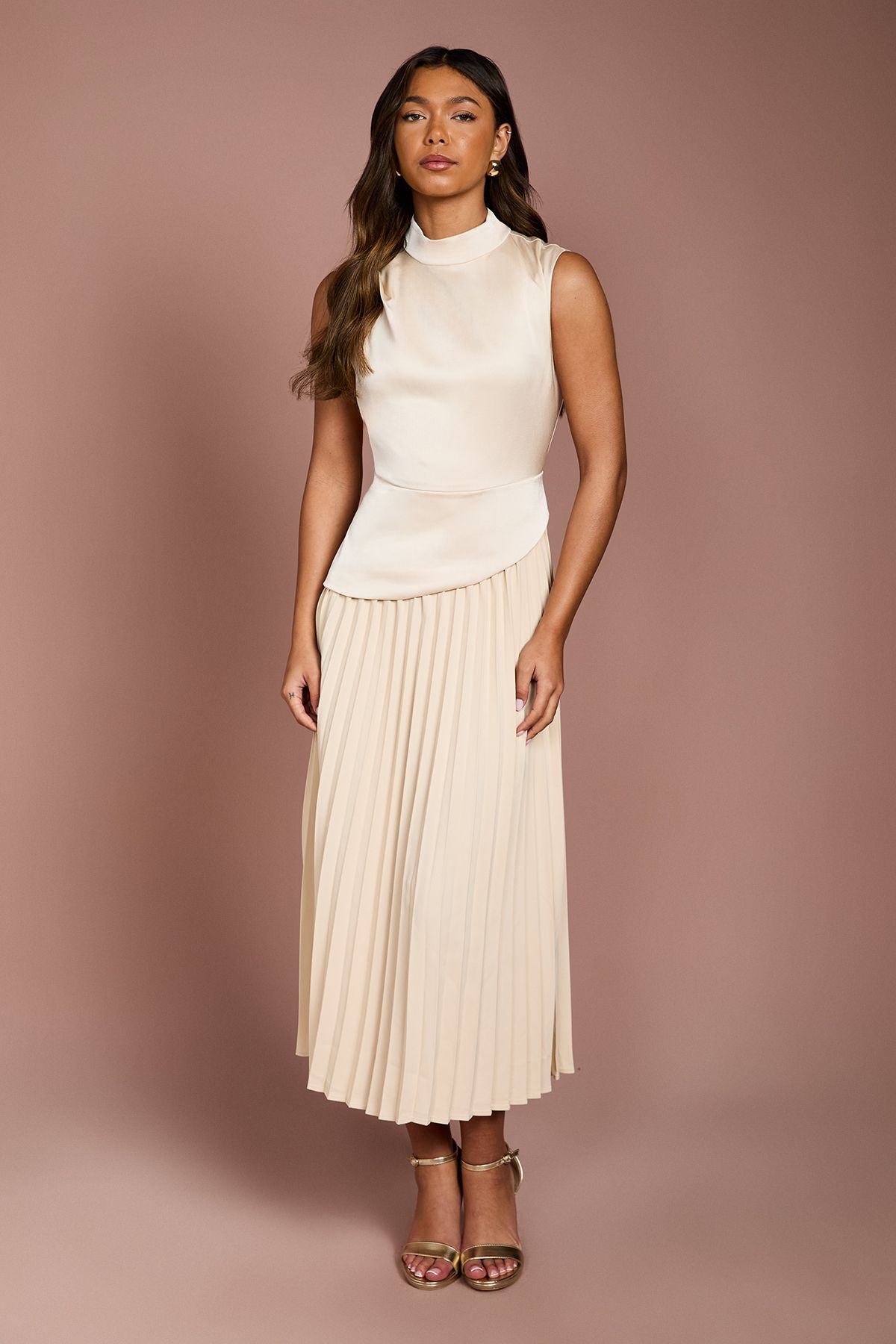 Coast Drape High Neck Pleated Skirt Midi Dress Champagne image 1