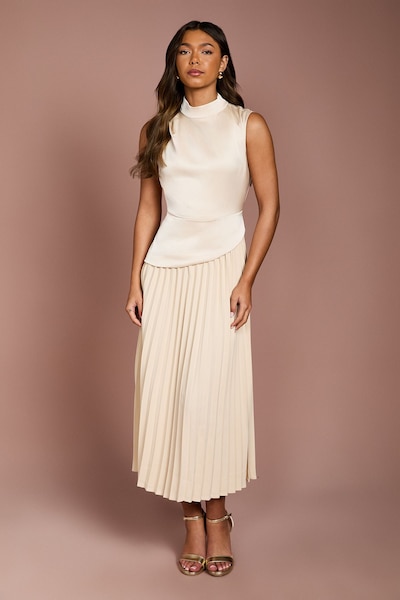 Coast Drape High Neck Pleated Skirt Midi Dress Champagne