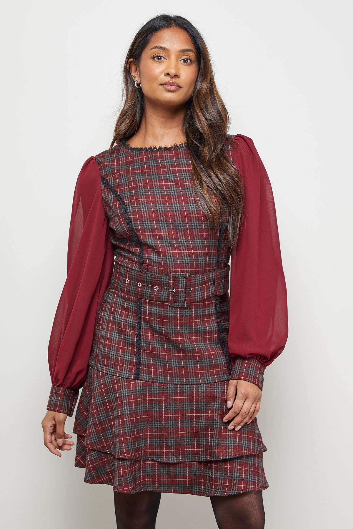 Oasis Checked Belted Balloon Sleeve Flippy Mini Dress Burgundy