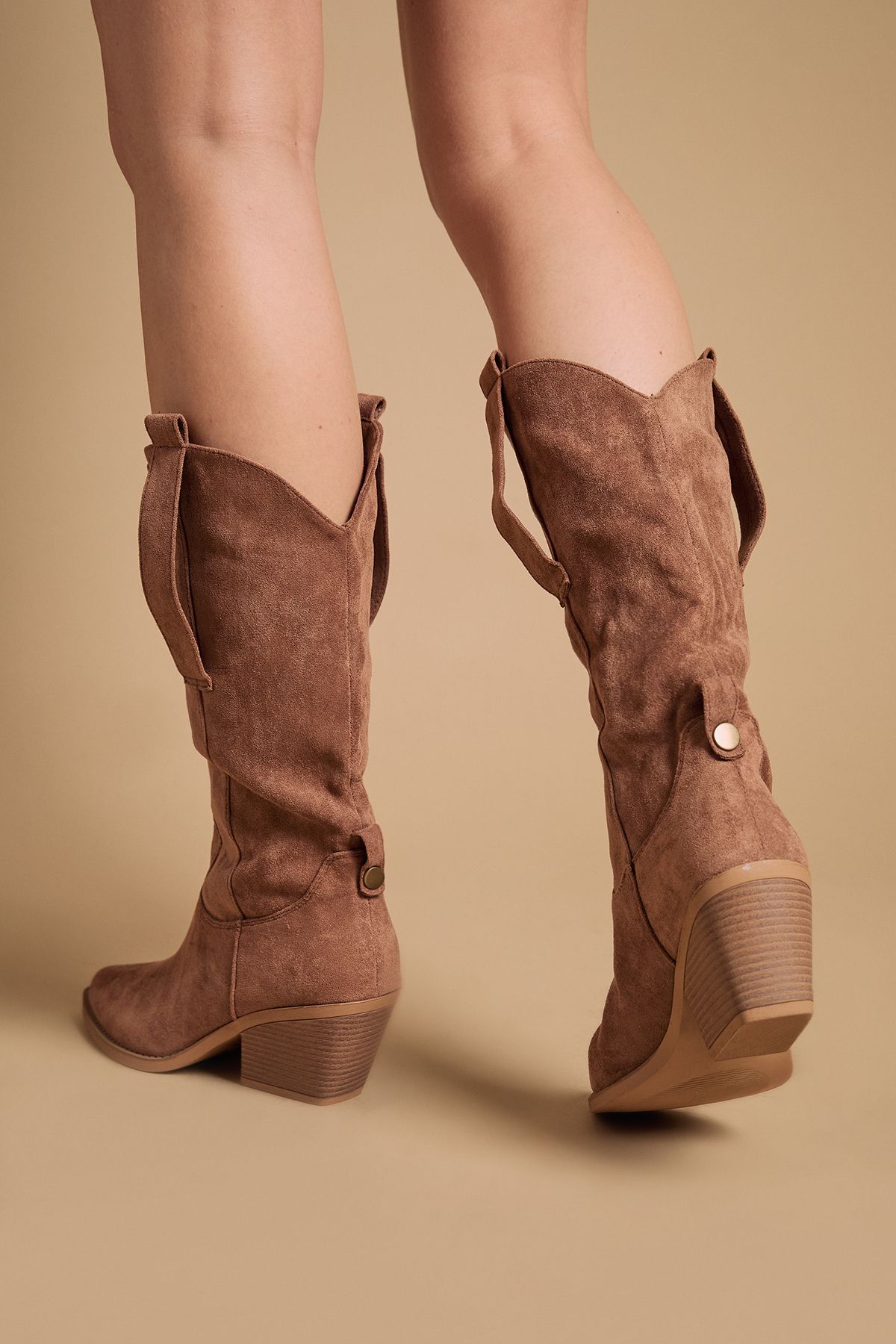 Oasis Wanda Faux Suede Slouch Western Calf Boots Mocha image 3