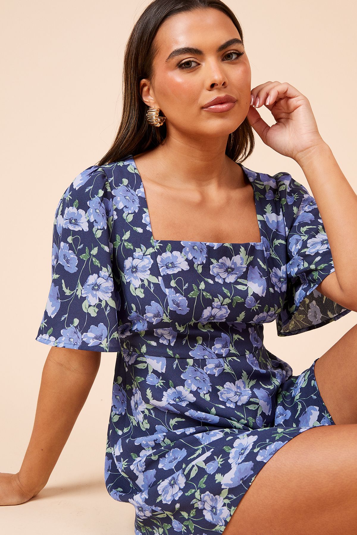 Dorothy Perkins Blue Floral Seamed Bodice Angel Sleeve Mini Dress Floral image 4