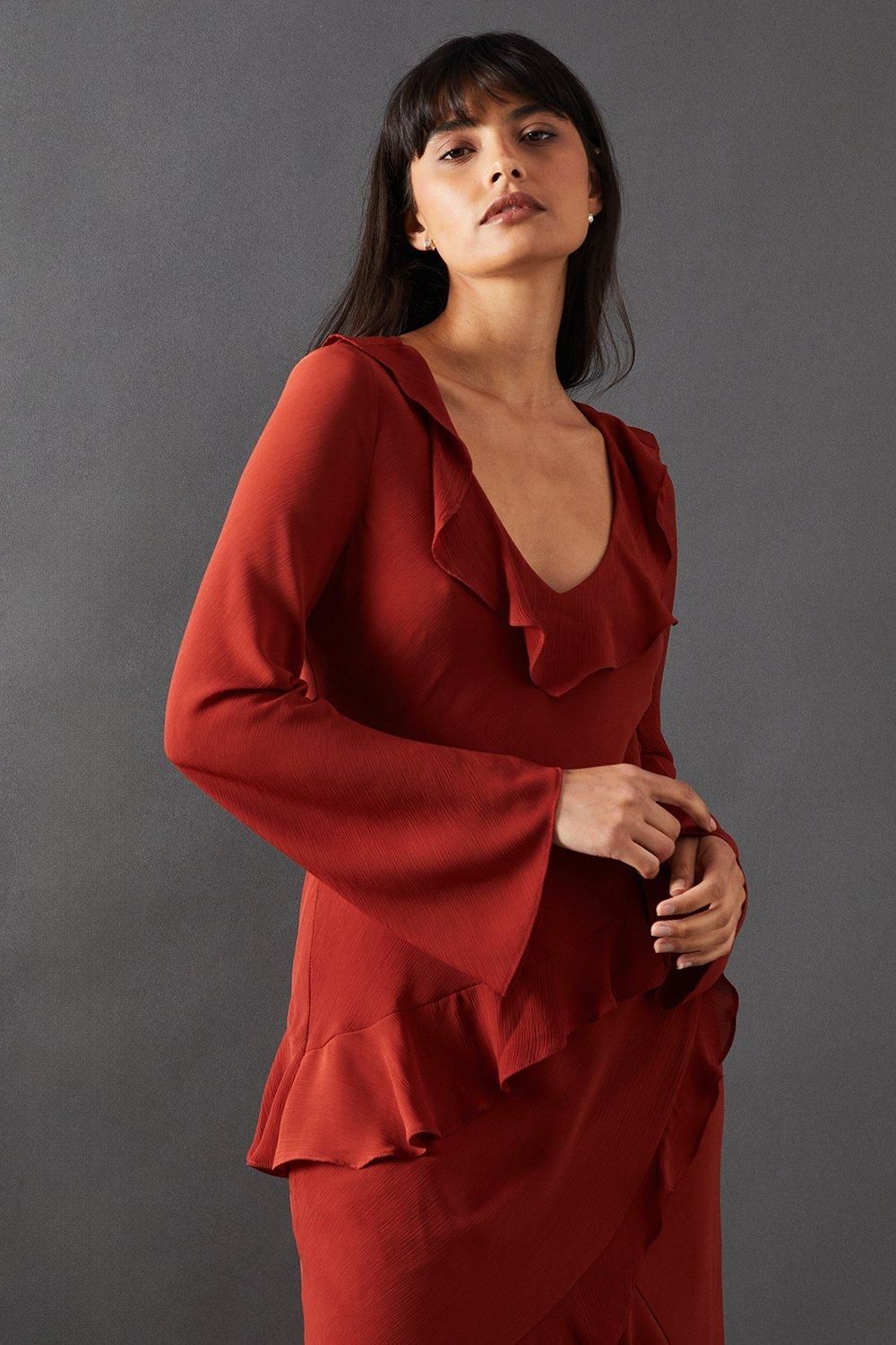 Warehouse Chiffon Ruffle Seam V Neck Midi Dress Rust image 4
