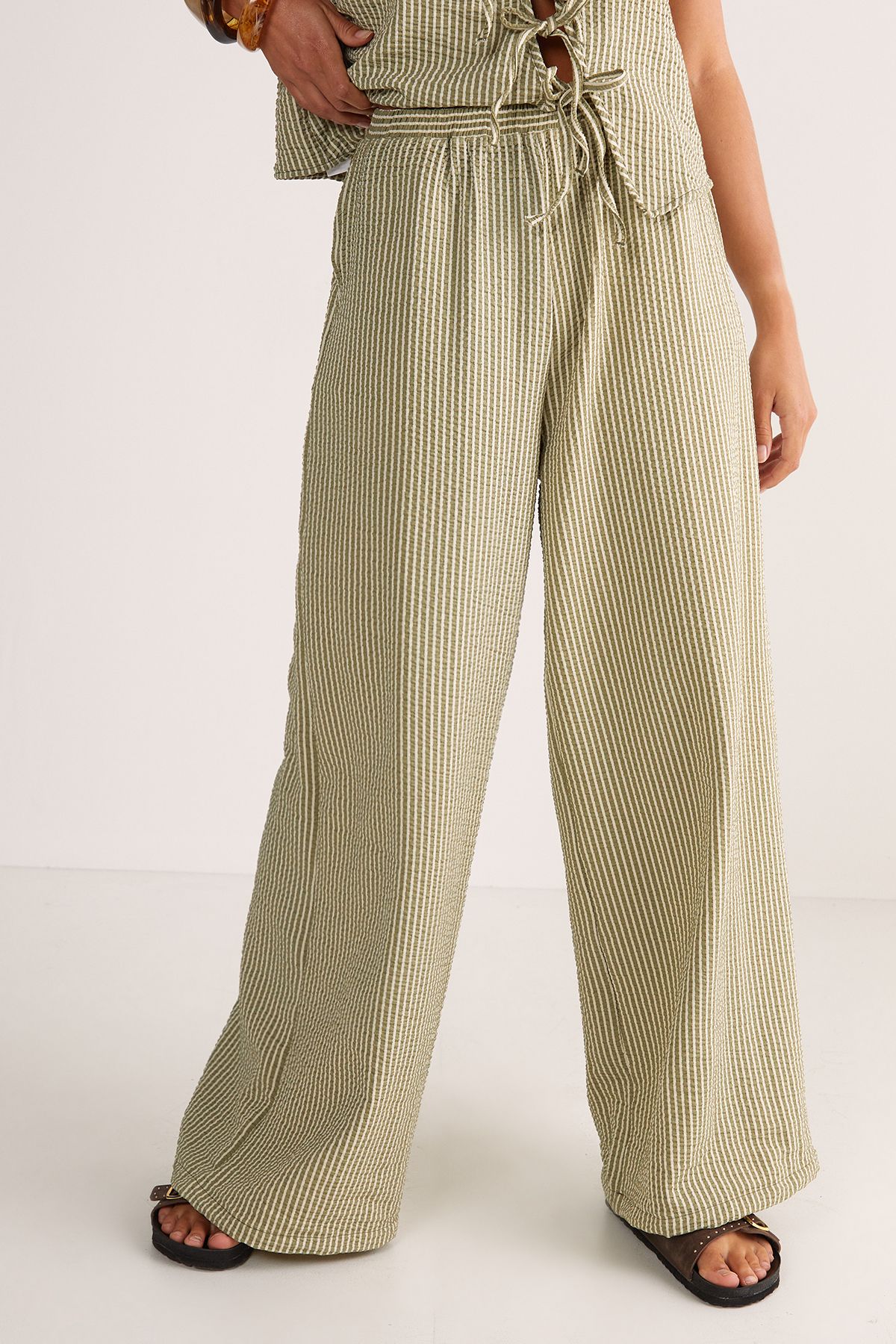 NastyGal Textured Stripe Wide Leg Pants Sage image 2