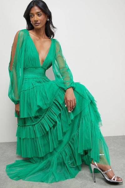 Warehouse Tulle Long Sleeve Cinched Waist Maxi Dress Green