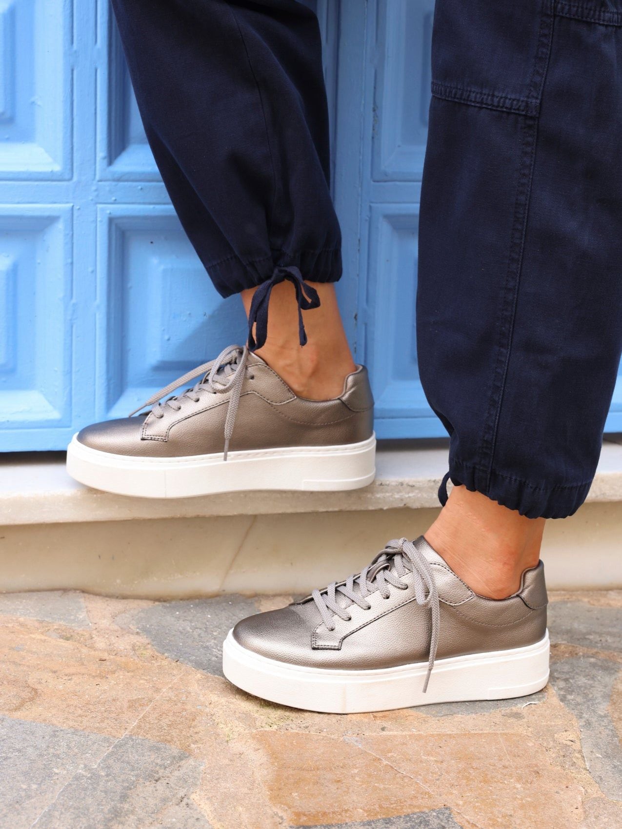 Linzi Jersey Pewter Faux Leather Lace Up Flatform Trainers image 2