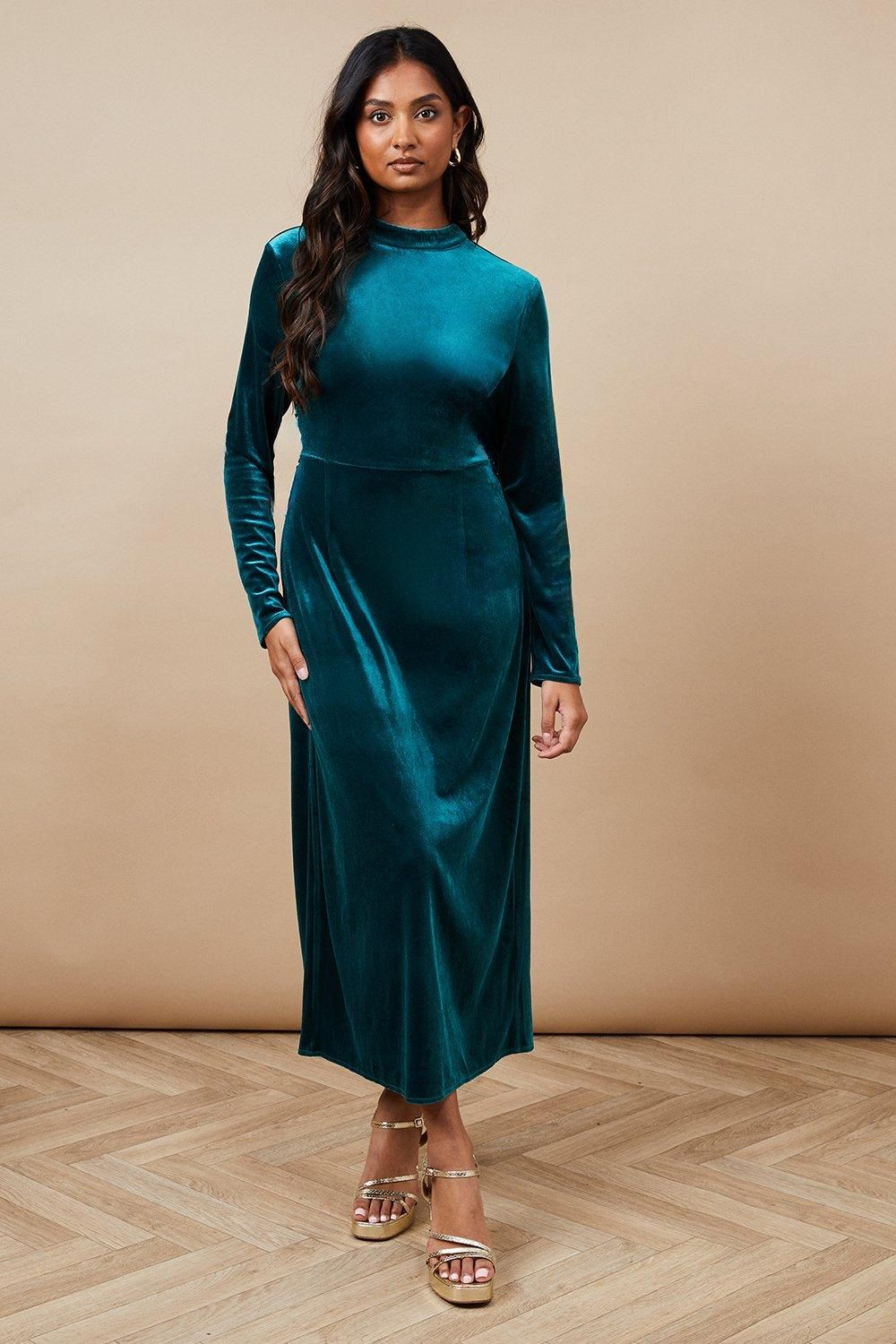 Oasis Velvet High Neck Twist Back Midi Dress Teal image 1