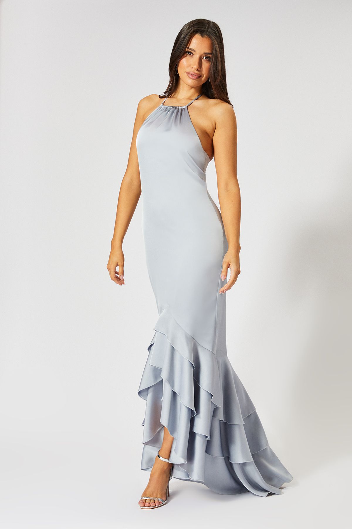 MissPap Satin Frill Hem Hater Neck Maxi Dress Blue image 3