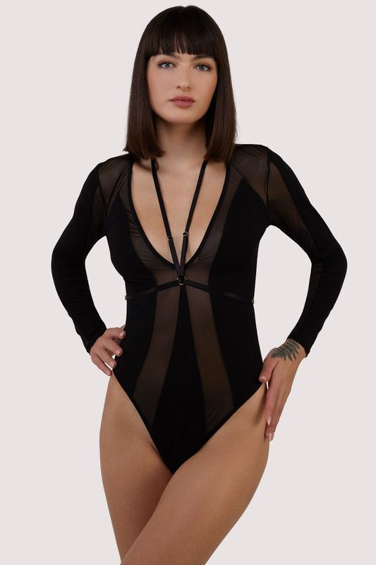 Wolf & Whistle Morgan Black Panelled Mesh and Micro Plunge Body image 2
