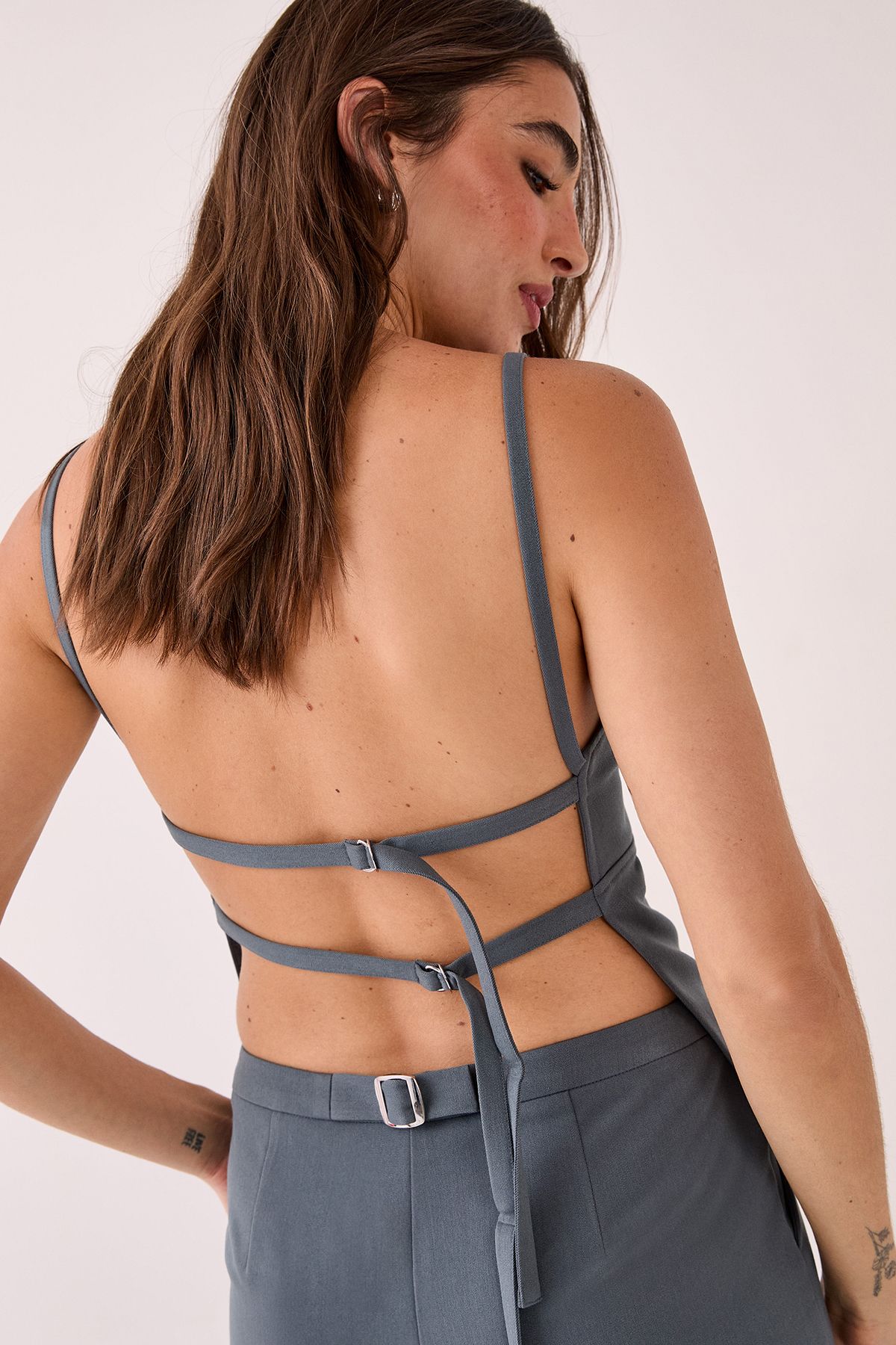 NastyGal Tailored Seam Detail Tie Back Strappy Top Grey image 4
