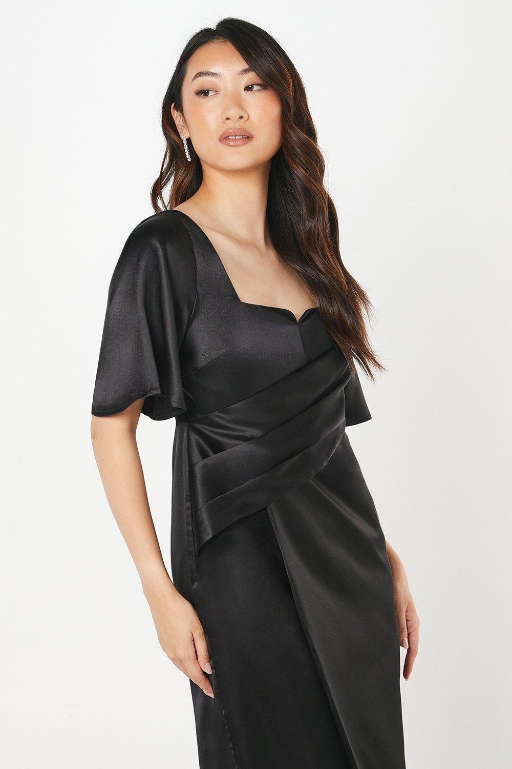 Coast Petite Satin Wrap Waist Flutter Sleeve Midi Wedding Guest Dress Black image 4