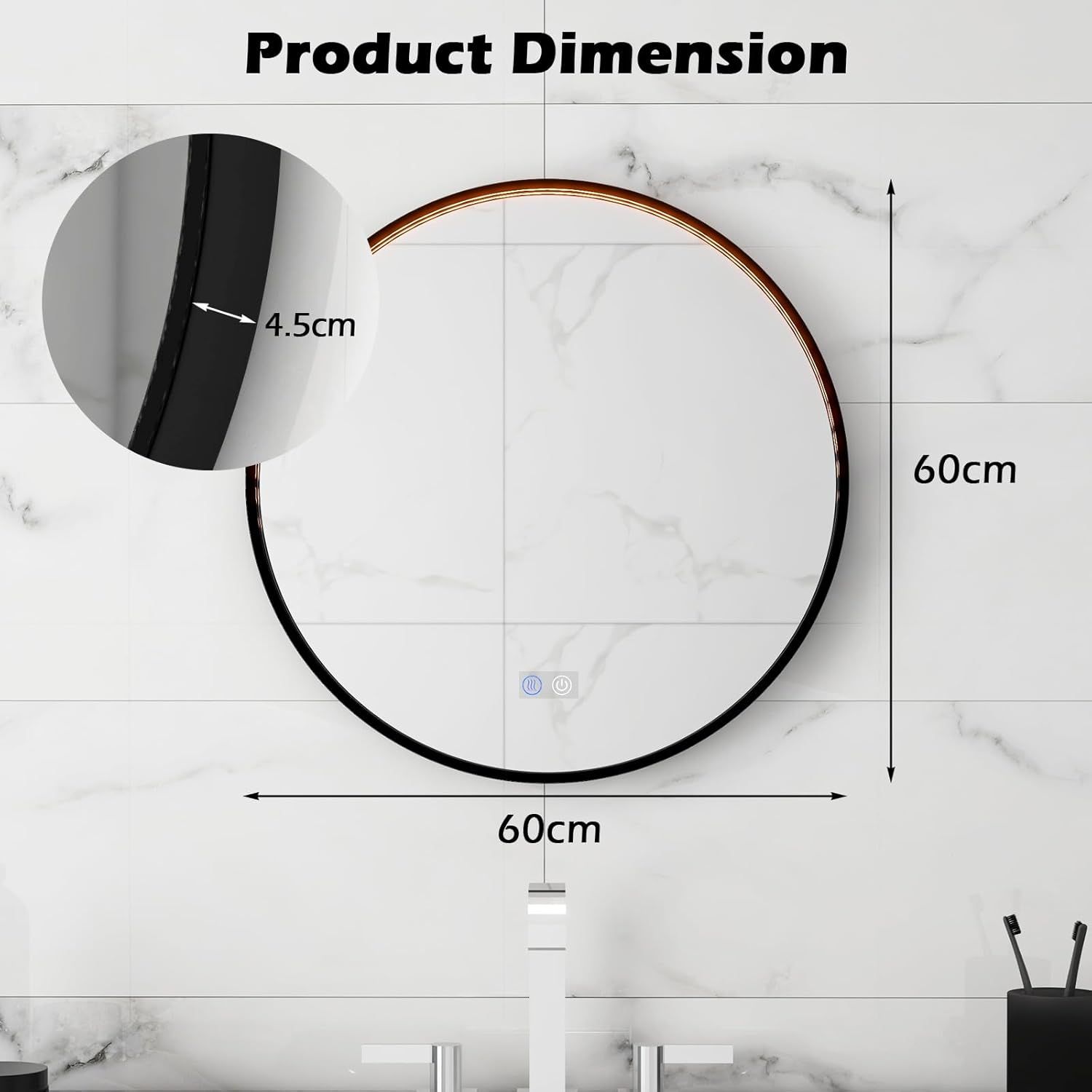 Gymax 60 CM Round Bathroom Mirror Vanity Mirror With 3-Color LED Lights image 2