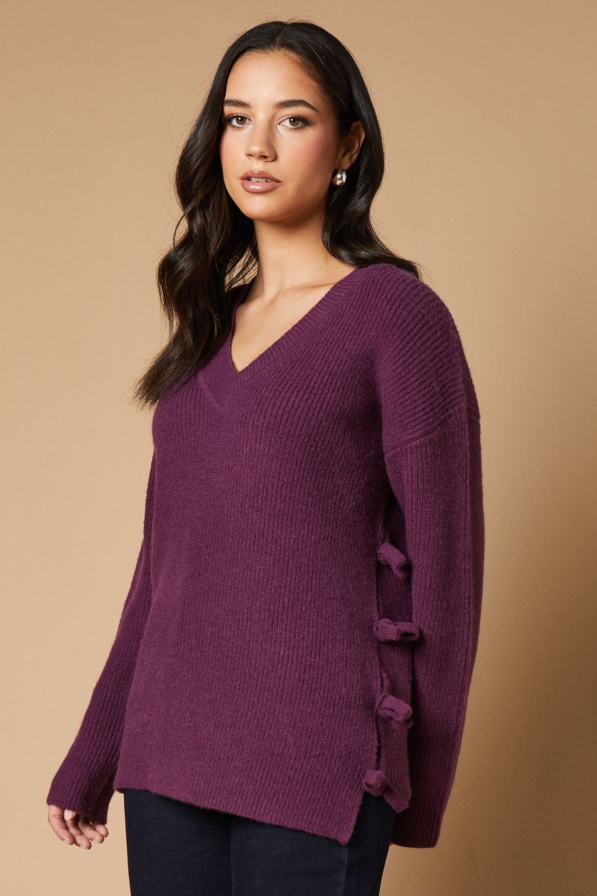 Oasis Bow Side V Neck Jumper Aubergine image 1