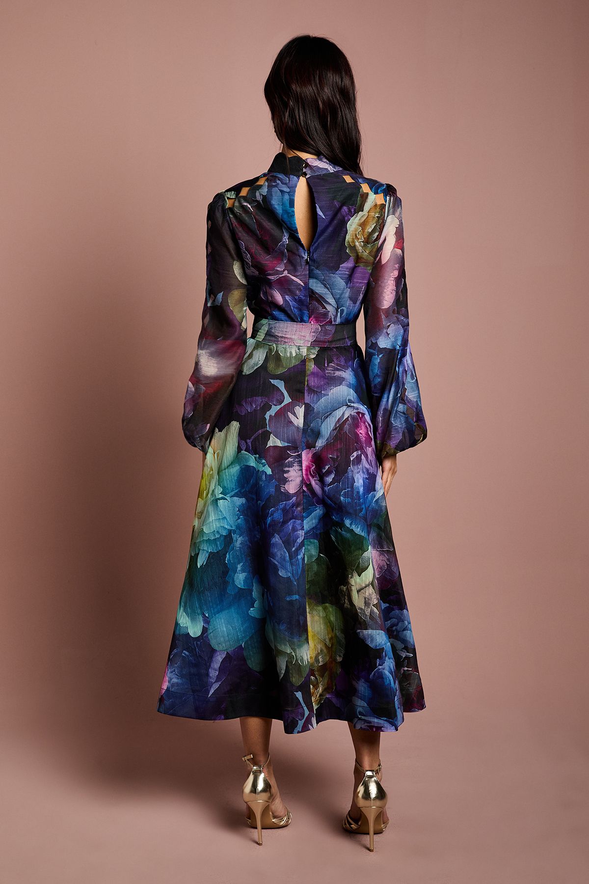 Coast Long Sleeve Scallop Cut Out Detail Organza Midi Dress Navy image 3