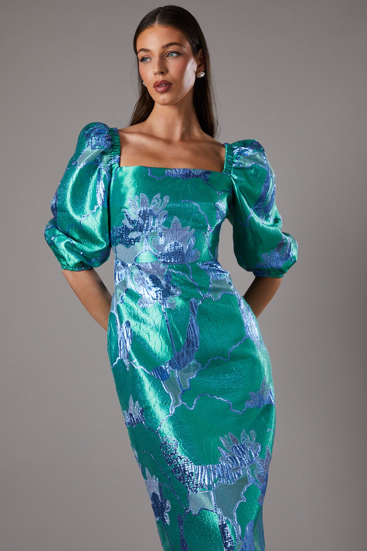 Coast Bubble Sleeve Jacquard Dress Green image 2