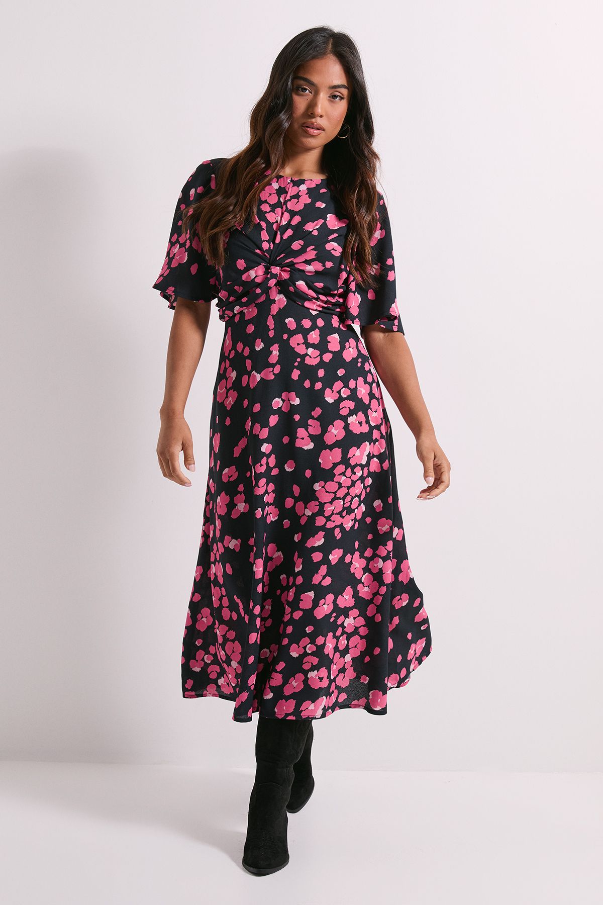 Dorothy Perkins Petite Animal Twist Front Angel Sleeve Midi Dress Animal image 1