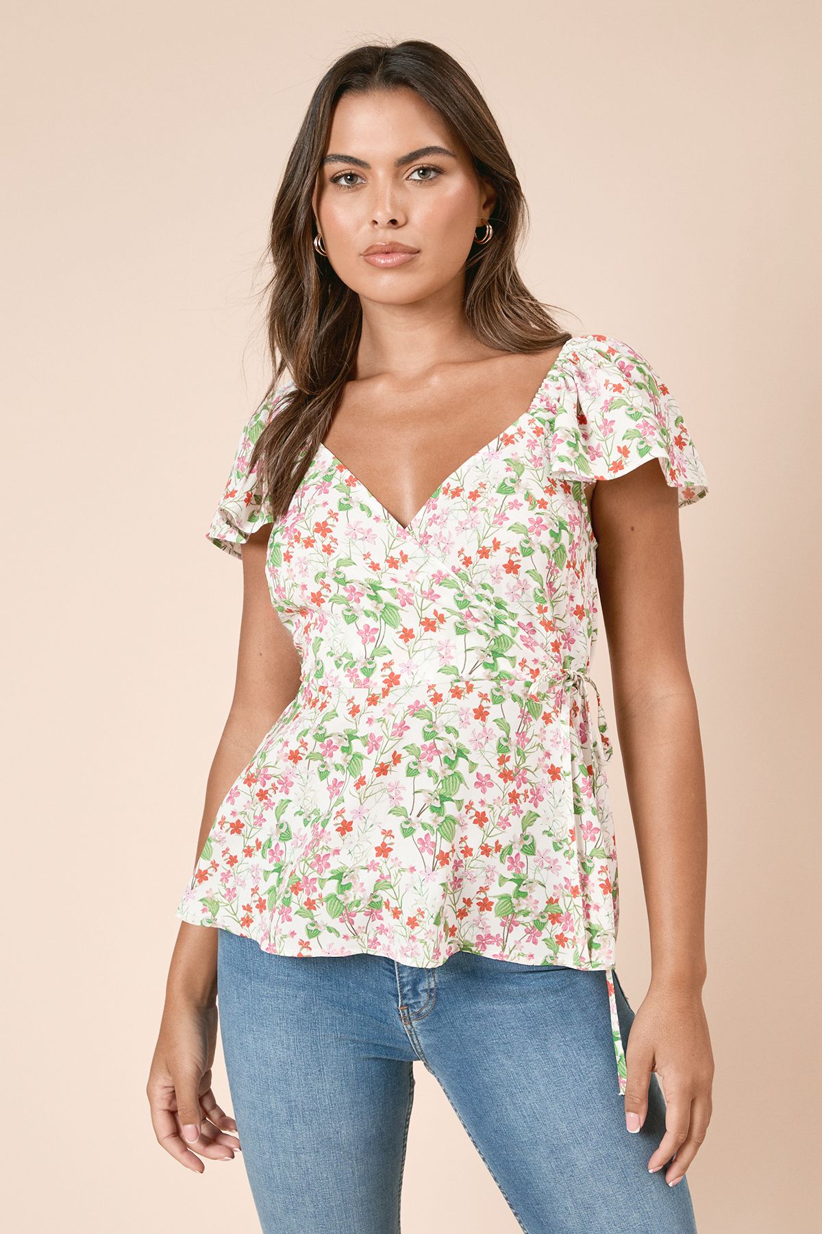 Dorothy Perkins Floral Wrap Front Frill Sleeve Blouse Floral image 2