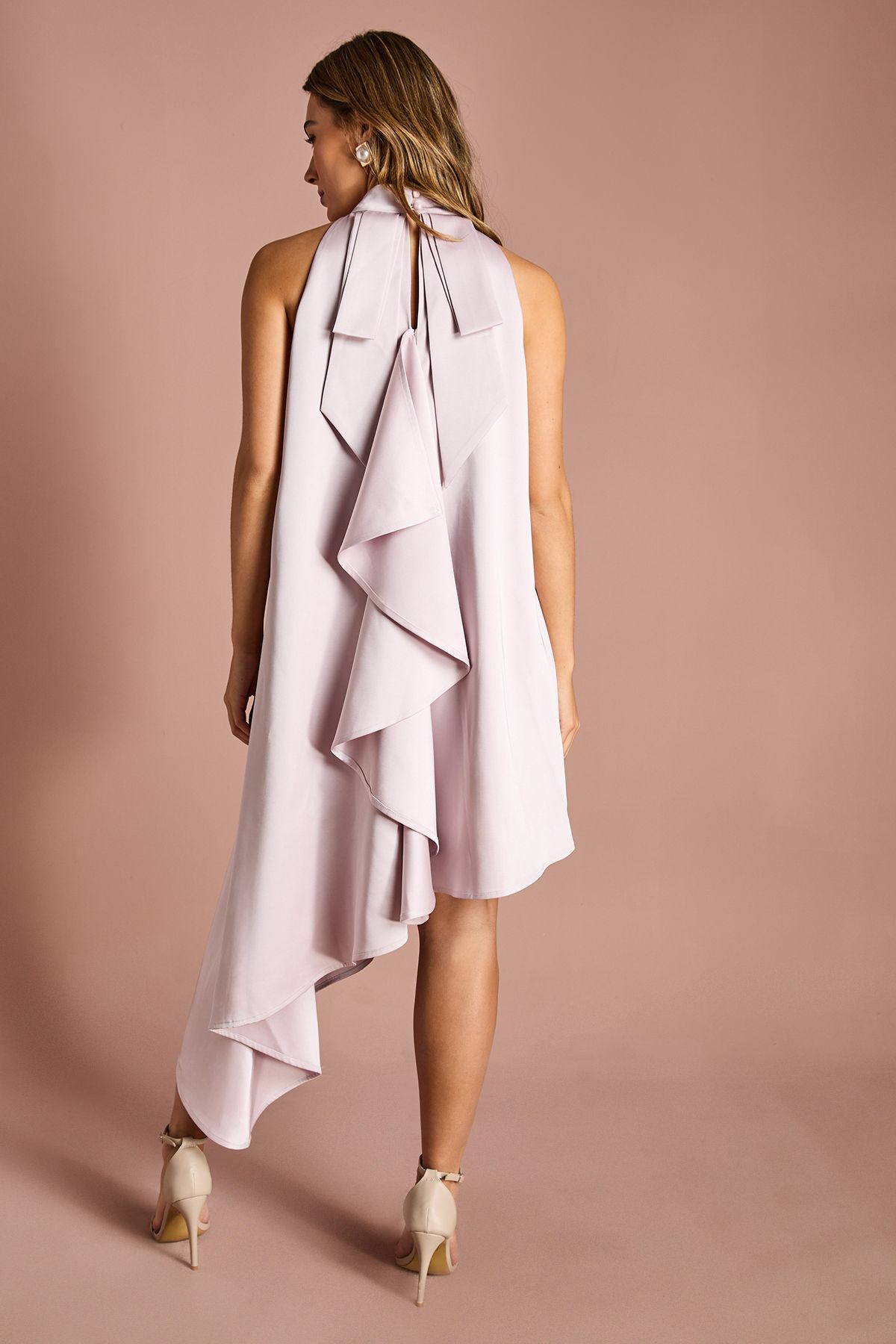 Coast Halter Neck Asymmetric Hem Bow Back Mini Dress Blush image 3