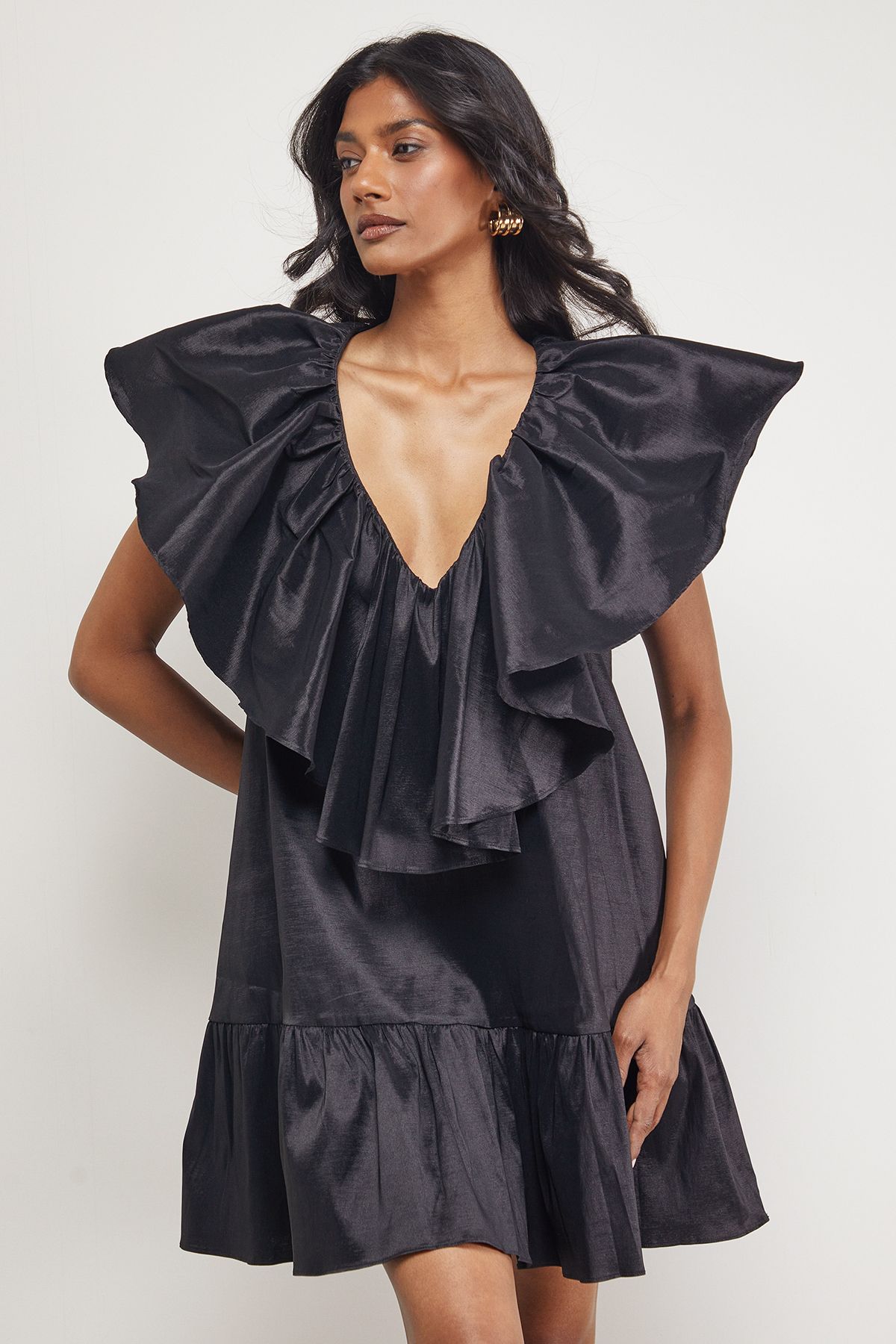 Warehouse Taffeta Frill V Neck Smock Mini Dress Black