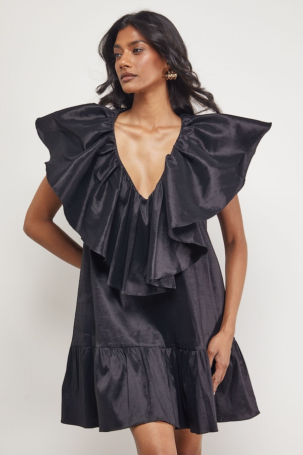 Warehouse Taffeta Frill V Neck Smock Mini Dress Black