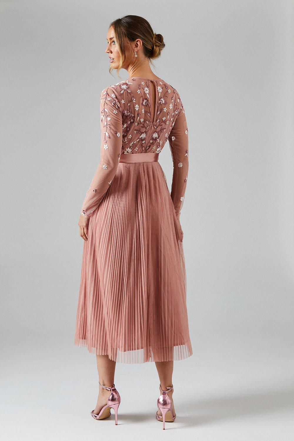 Coast Embroidered Floral Pleated Midi Bridesmaid Dress Antique Rose image 3