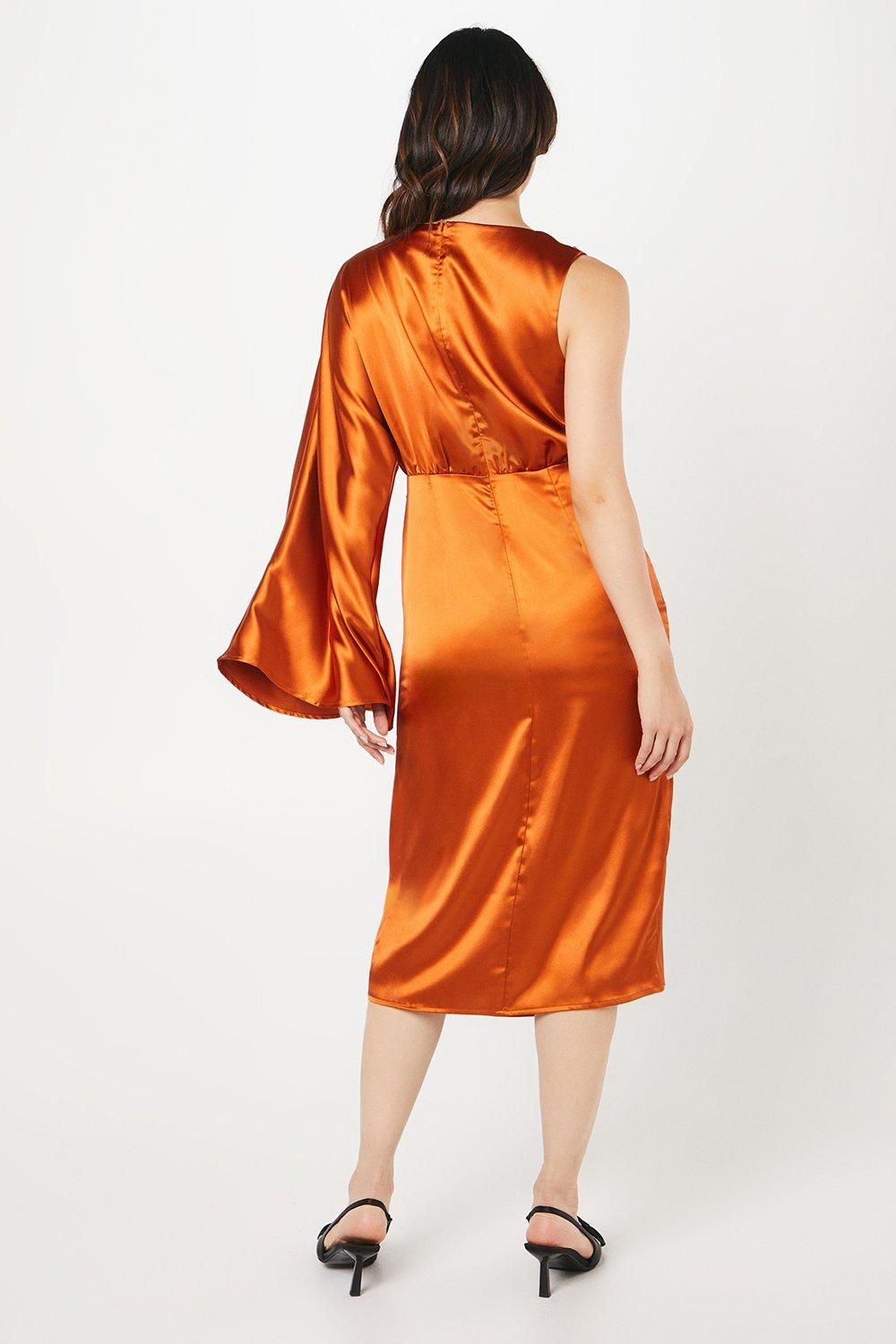 Coast Satin One Shoulder Midi Wedding Guest Dress Burnt Orange image 3