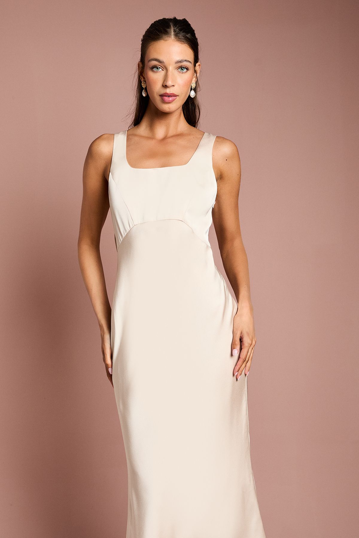 Coast Square Neck Satin and Crepe Bridesmaid Dress with Bow Back Champagne image 2