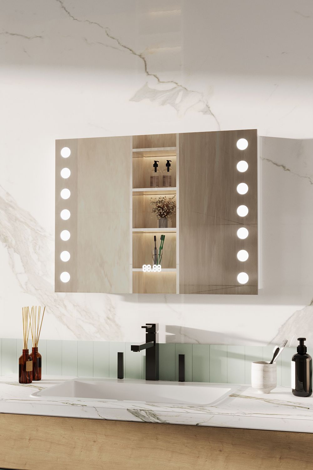 Living and Home Bathroom Horizontal LED Anti-Fog Mirror with Sensor Switch and Clock image 1