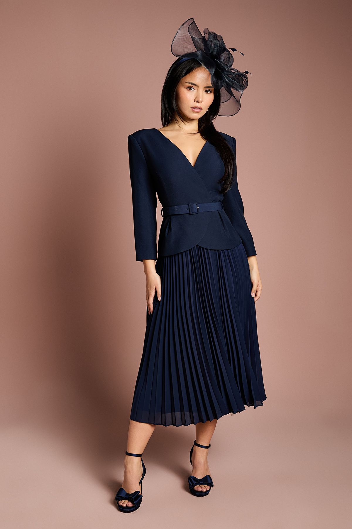 Coast Petite Crepe Bodice Long Sleeve Pleated Midi Dress Navy