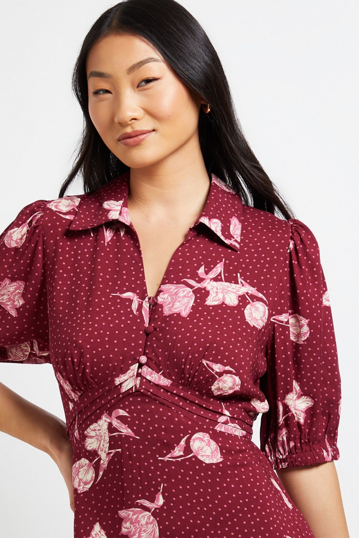 Dorothy Perkins Petite Berry Floral Collared Button Detail Puff Sleeve Midi Dress Berry image 4