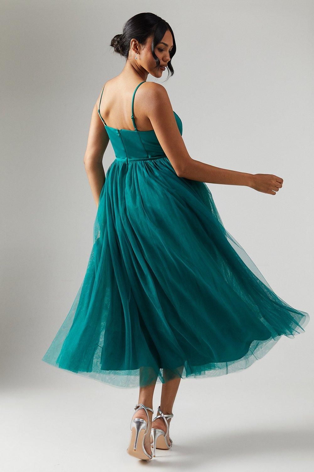 Coast Satin Bodice Cami Strap Tulle Skirt Midi Bridesmaid Dress Emerald image 3