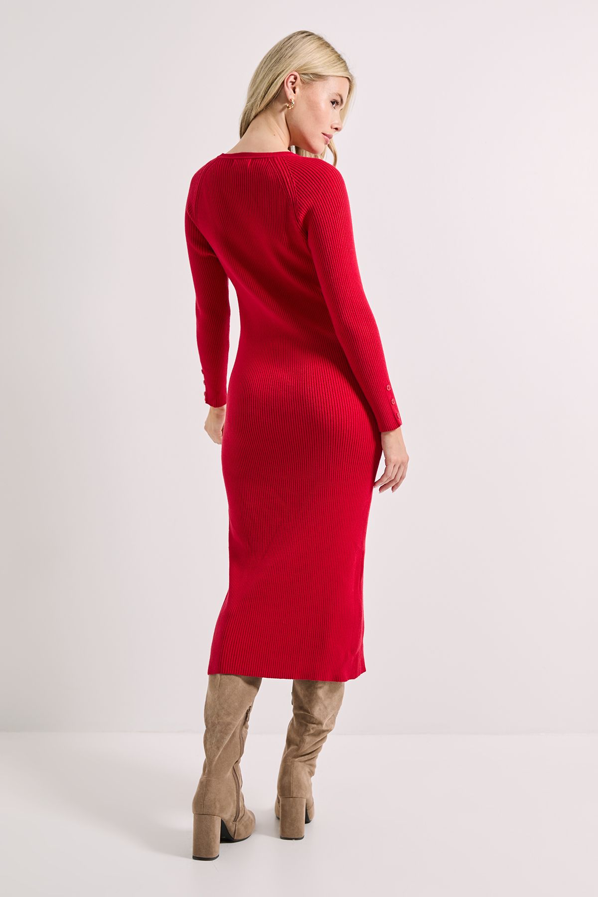 Dorothy Perkins Red Button Cuff Slim Knitted Midi Dress Red image 3