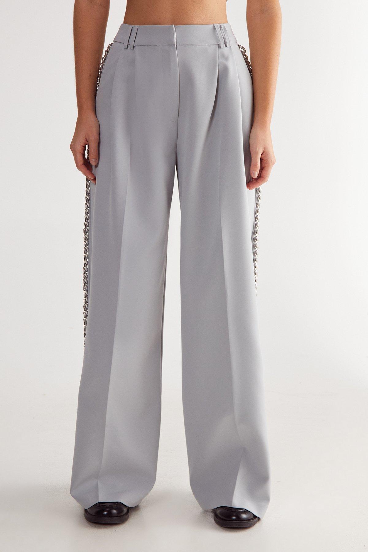 NastyGal Premium Tailored Chain Trim Trouser Pale Grey image 1