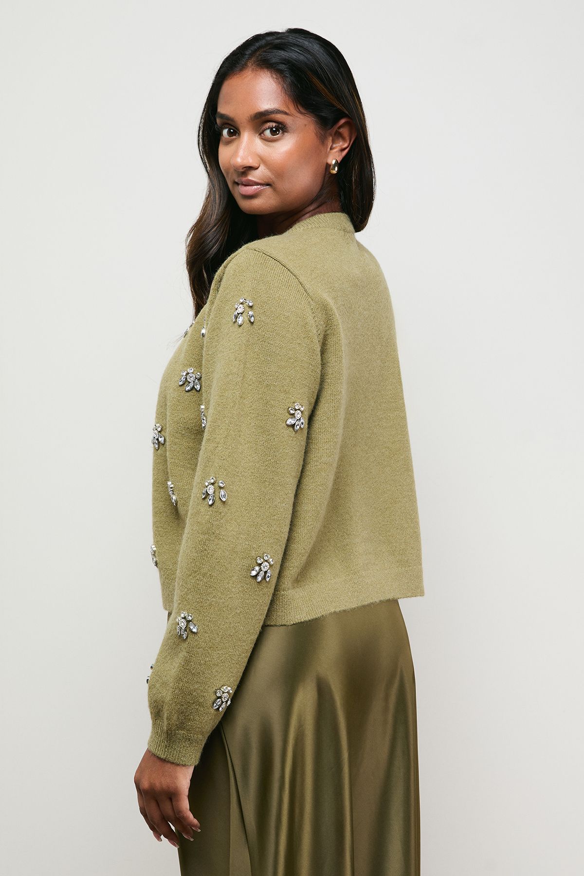 Oasis Embellished Tie Front Cardigan Khaki image 3