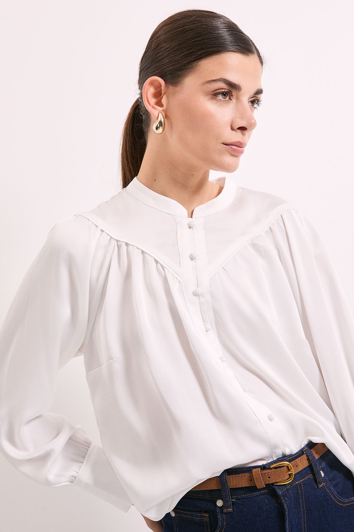 Principles Ivory Satin Button Collar Detail Shirt Ivory image 3