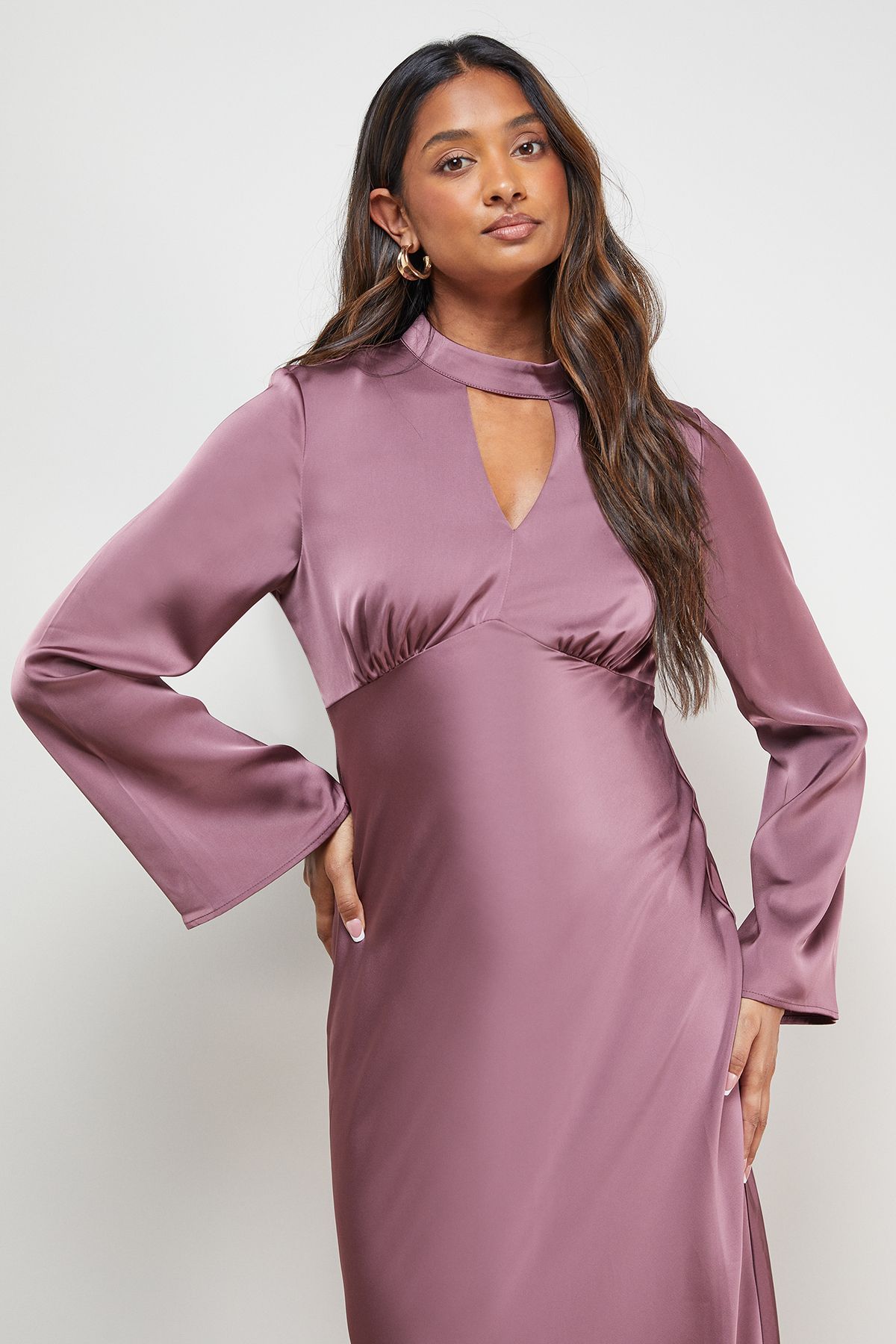 Oasis Satin Cut Out Flare Sleeve Bias Midi Dress Mauve image 2