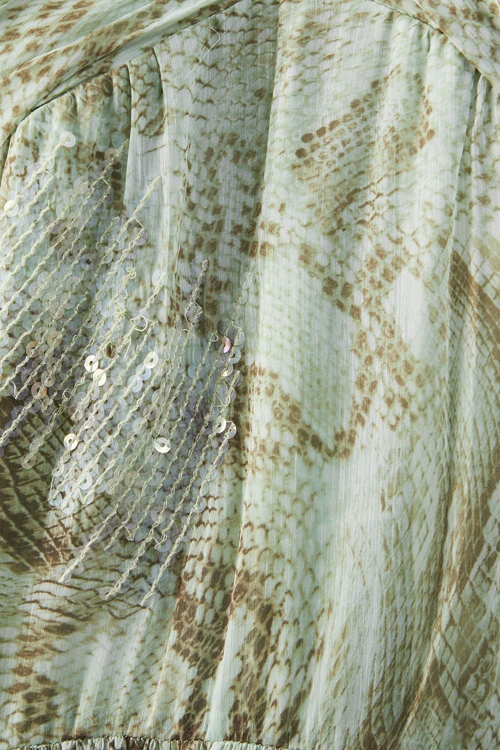 Warehouse Sequin Snake Embellished Volume Sleeve Mini Smock Dress Lime image 5